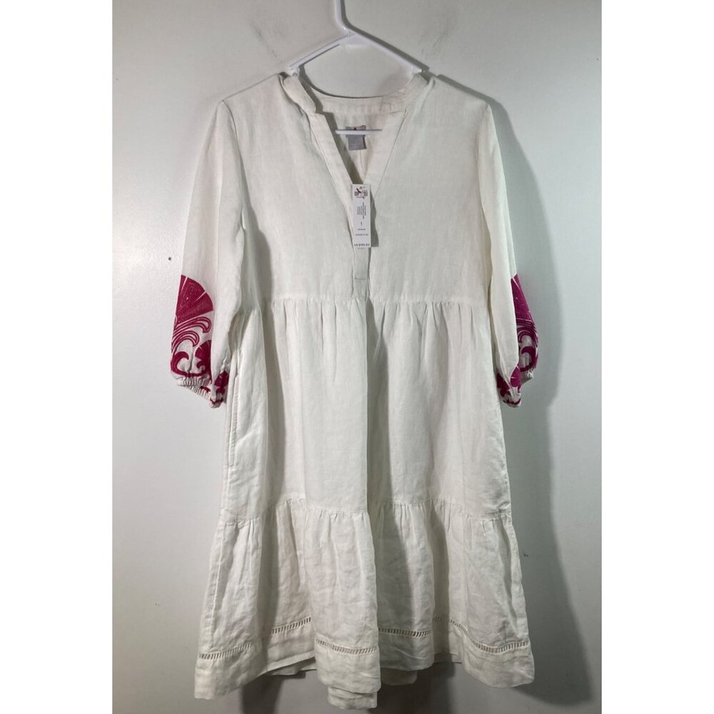 Womens Chicos Linen Dress Tiered Embroidered Boho Alabaster Pink M NWT
